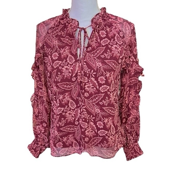 CeCe Floral Blouse Front Tie Sheer Ruffled Long Sleeves Burgundy & Pink Size XS - Picture 1 of 12